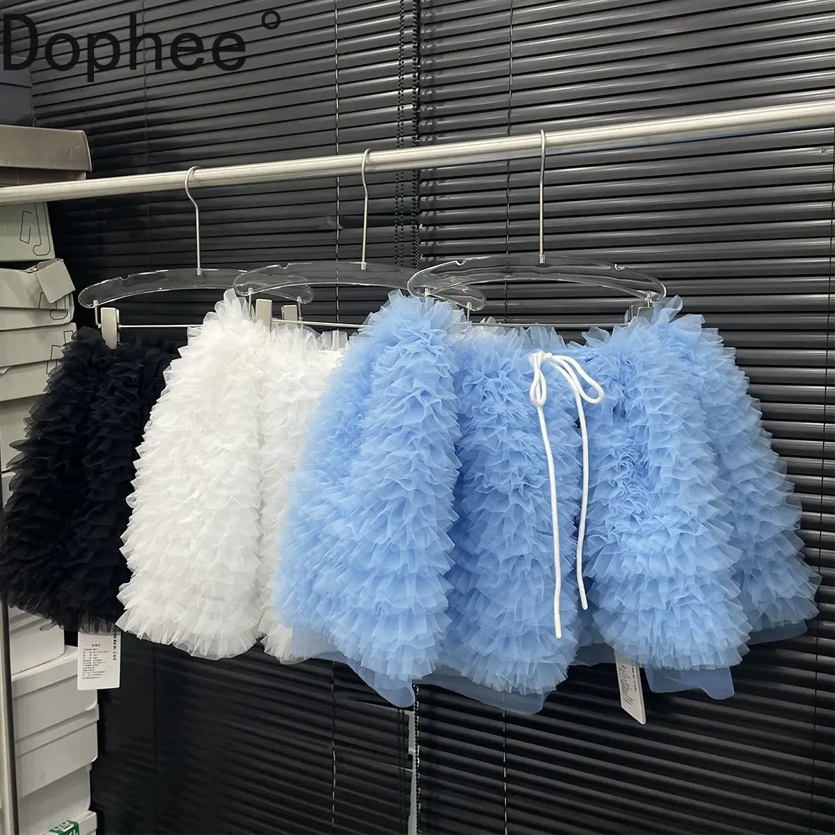 

Original Design Spring Summer All-match Drawstring Female Puffy Skirt Solid Color Elegant Mesh Ruffles A-line Lady Fairy Skirts