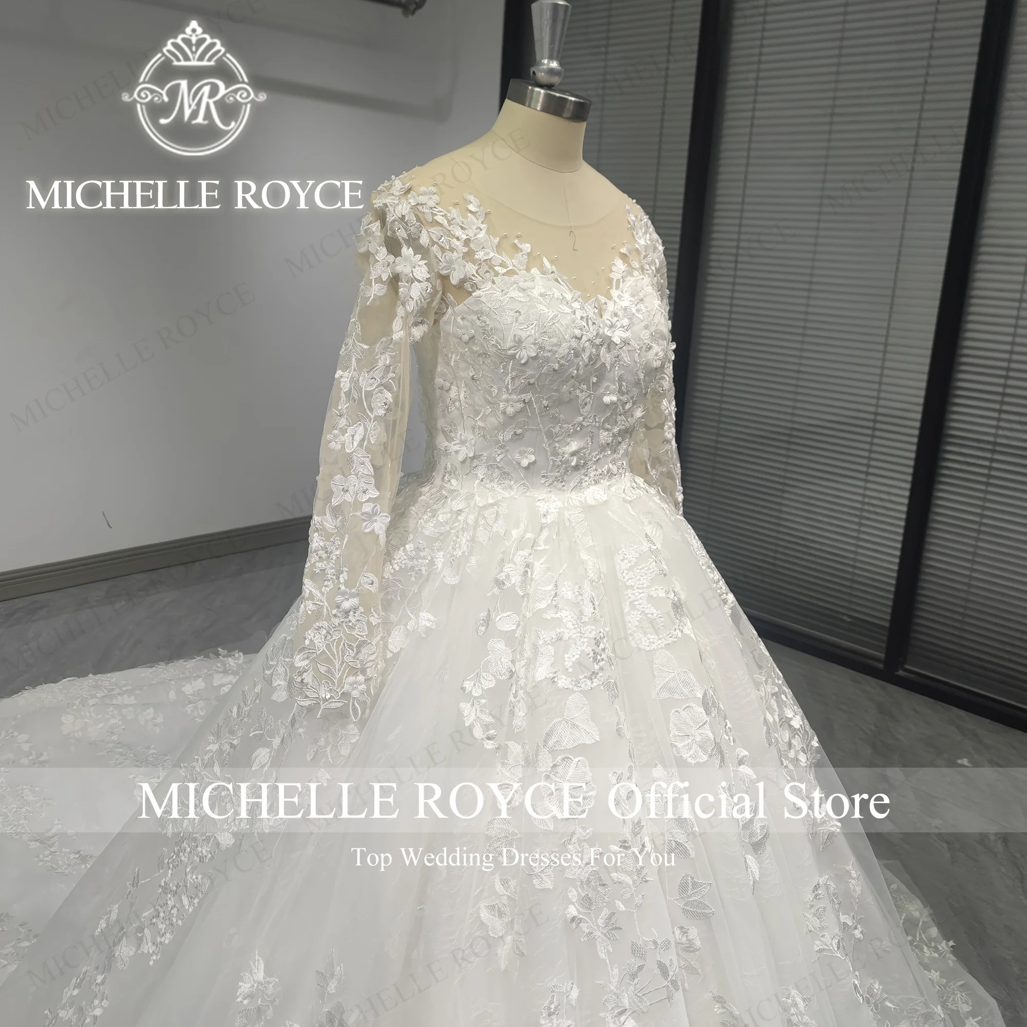 Michelle Royce-Robe de Mariée à Manches sulfen Dentelle, Tenue Éducative, Sexy, Dos aux, avec Perles et Fleurs