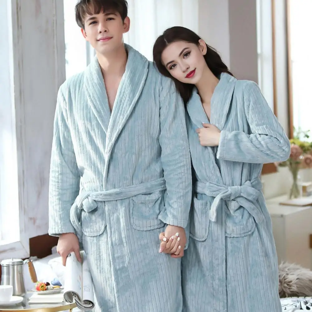 Thick Night Robe Luxurious Coral Fleece Couple Nightgowns with Adjustable Lace Up Belt Warm Cozy Unisex Homewear for Winter