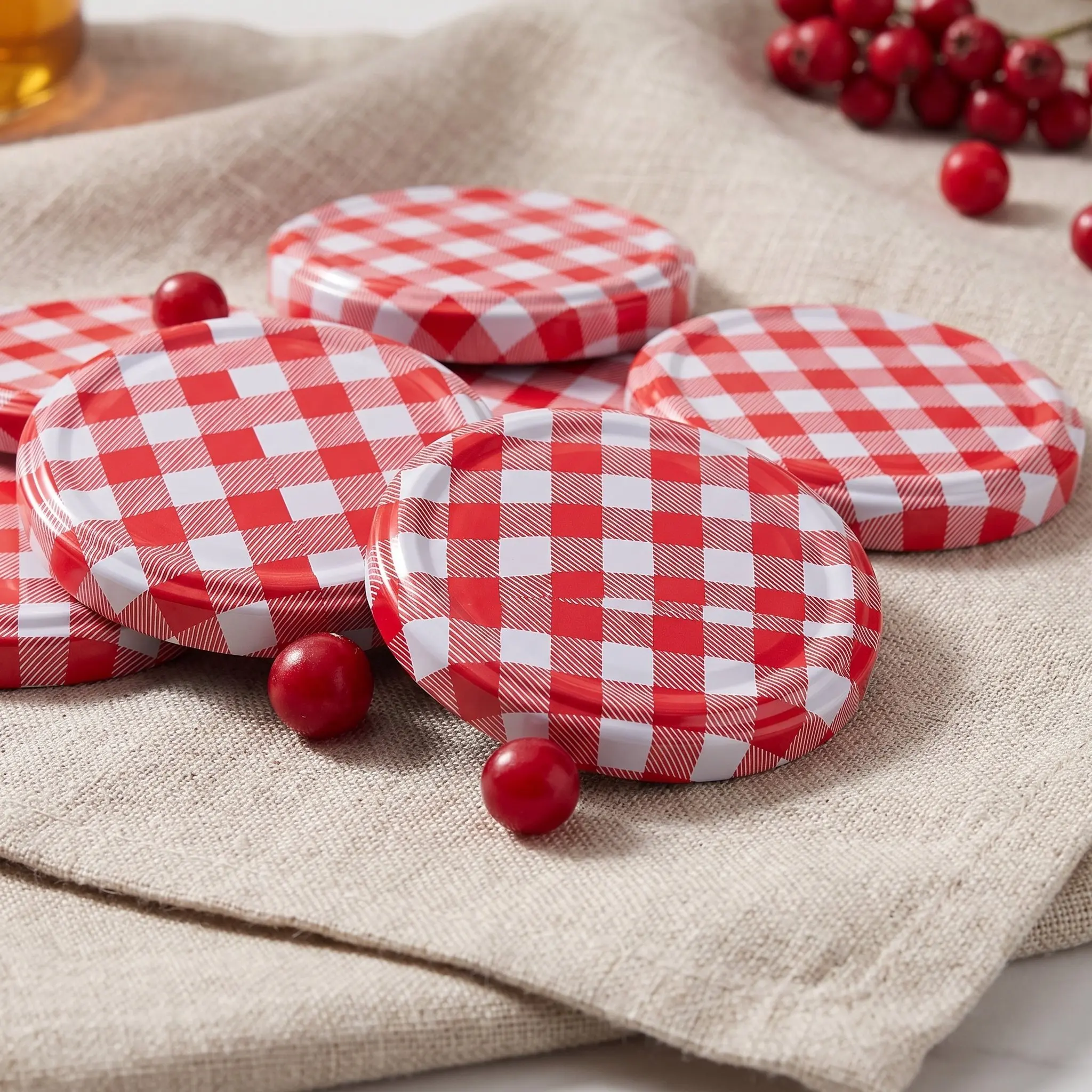 80Pcs Mason Jar Lids Red Gingham Twist Top Glass Cap Farmhouse Checkered Jam Cover Food  Canning Craft Cans Caps Replacement