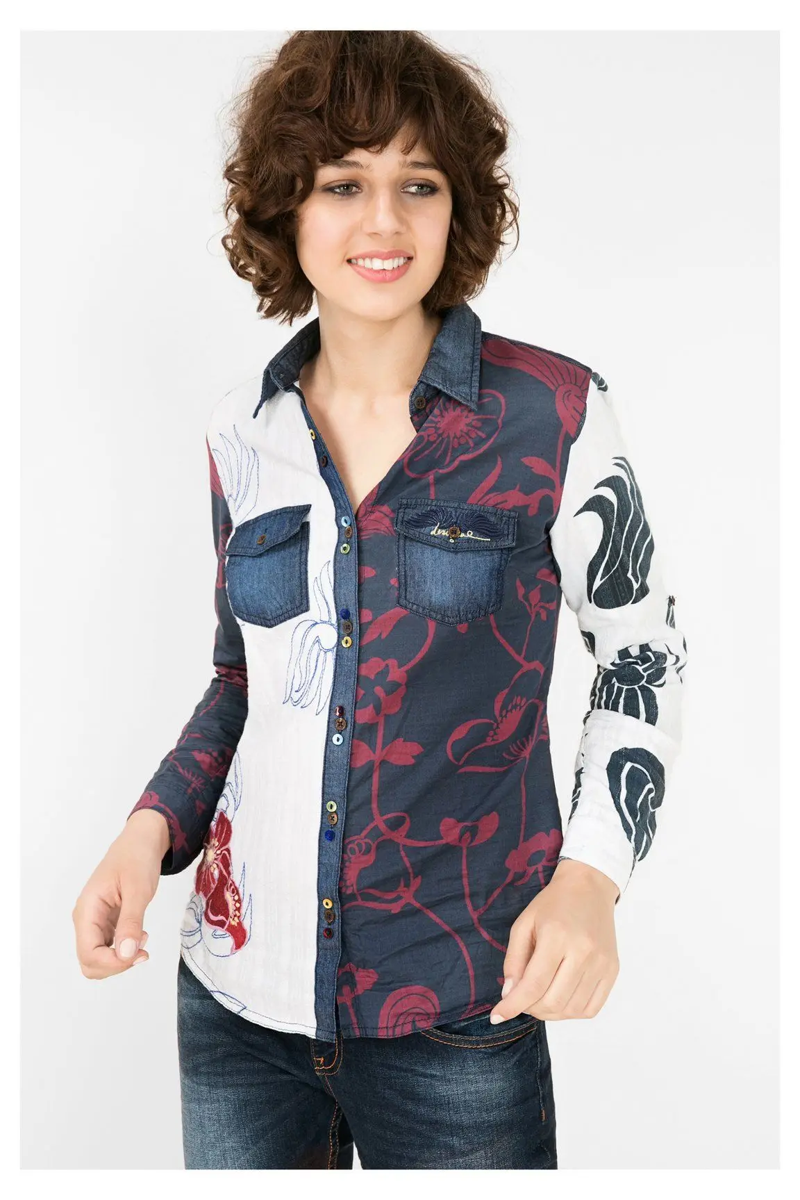 

Women's Embroidered Print irt Waist-Cinching Cotton Long Sve Button-Up Breathable Comfortable Commute Sle Faion