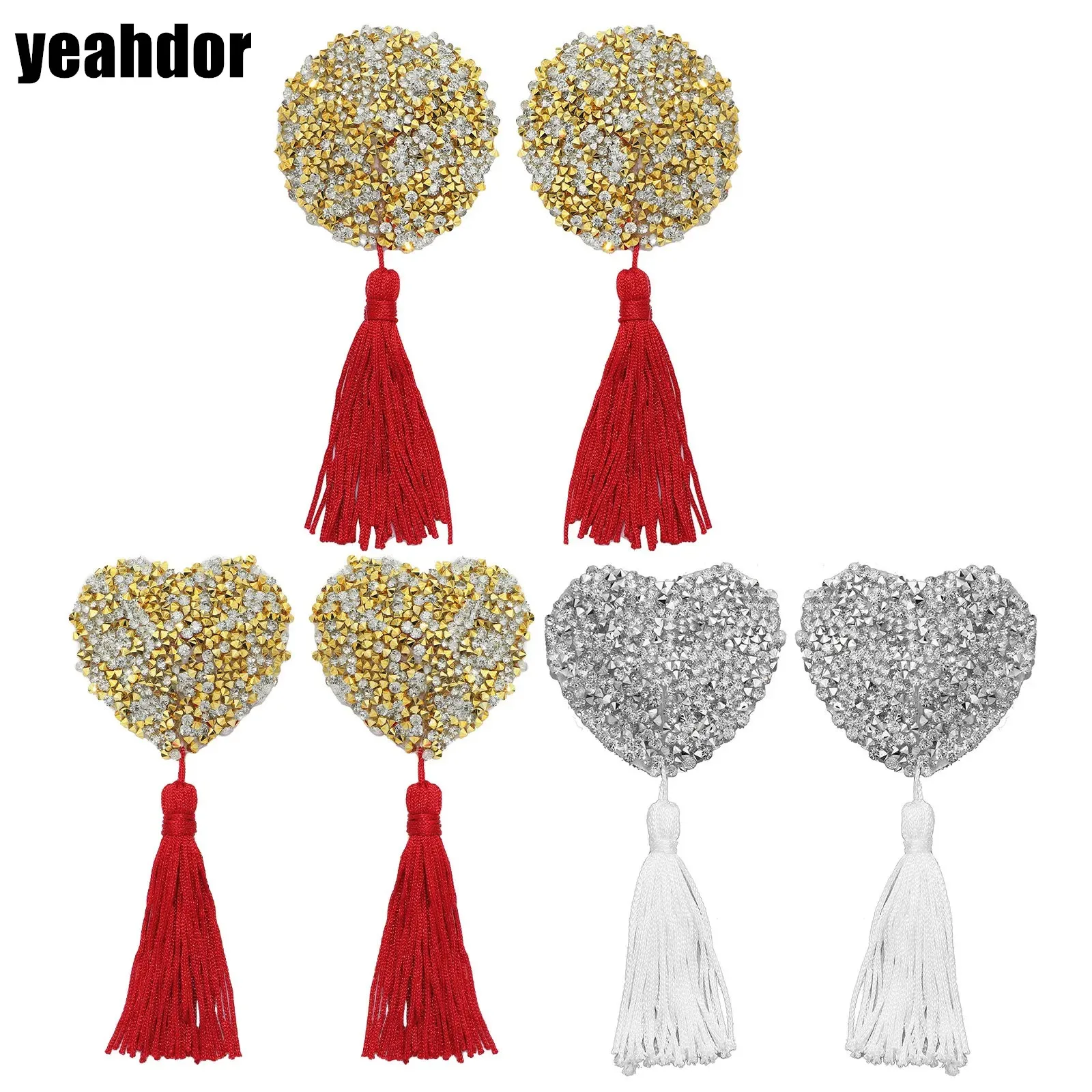 

Womens Shiny Nipple Covers Self-Adhesive Glitter Rhinestone Tassel Reusable Nipple Stickers Fancy Breast Pasties