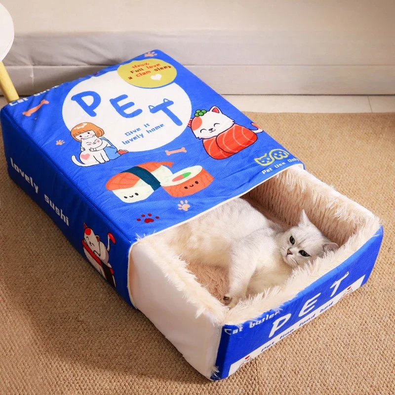 Japanese Style Fully Enclosed Biscuit Box Pet Cat Bed Rectangular Pull Out Snack Kitten Resembling Secure Cat House Cushion Cave