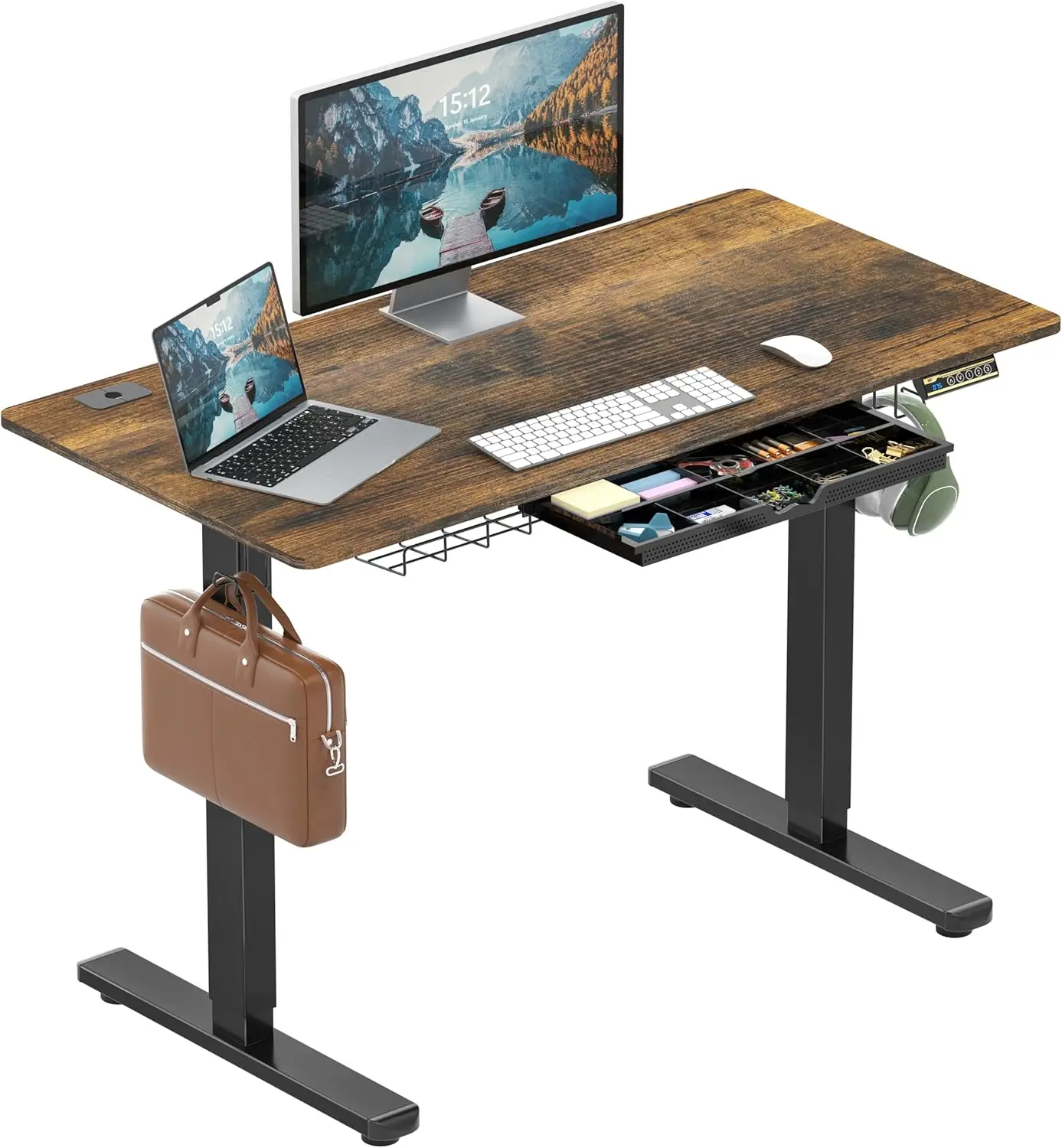 

48-Inch Electric Height Adjustable Standing Desk with Drawer, Memory Preset and Cable Management Tray, Rustic Brown