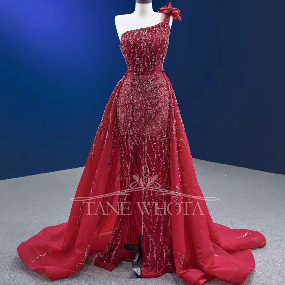 

Красное вечернее платье на одно плечо со шнуровкой сзади и съемным шлейфом, расшитое блестками, настраиваемое роскошное женское вечернее платье