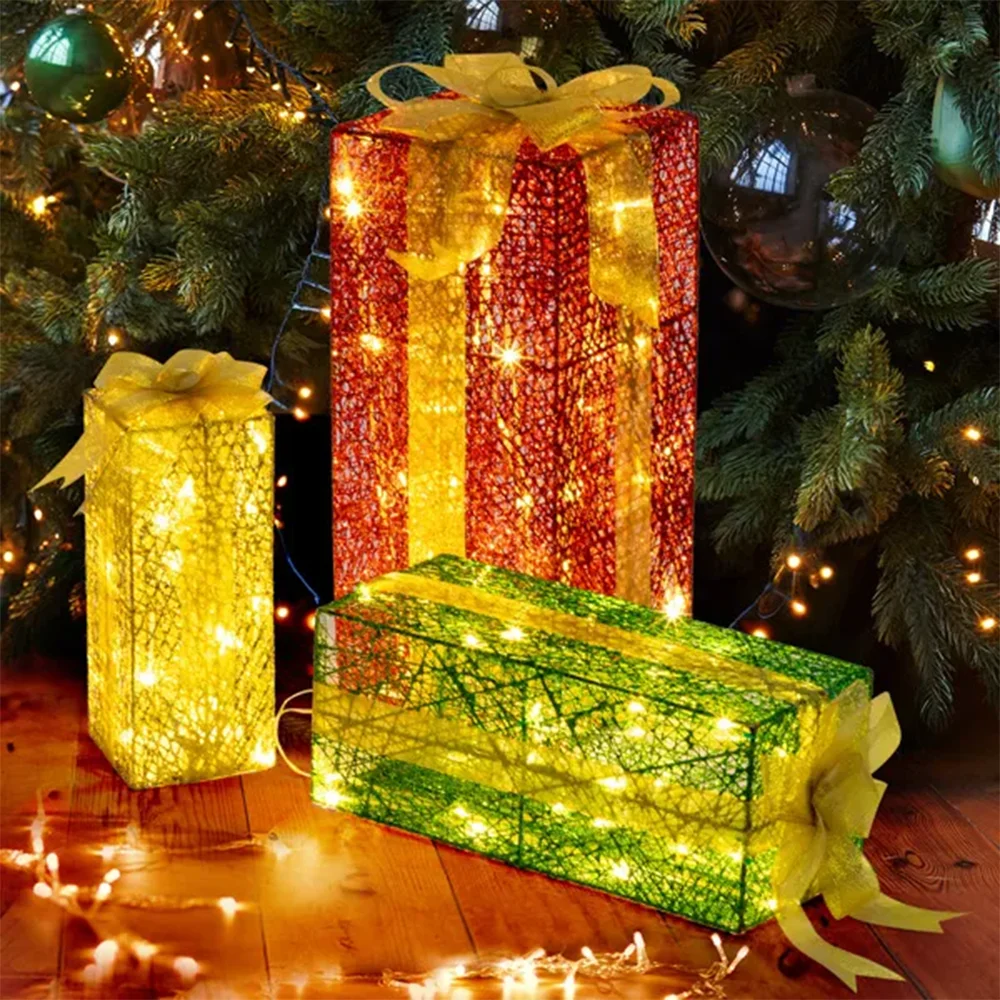 

Lighted Gift Boxes Set of 3 Pre-lit Nestable Present Boxes Ornament with 90 LED Warm White Lights and Stakes for Christmas