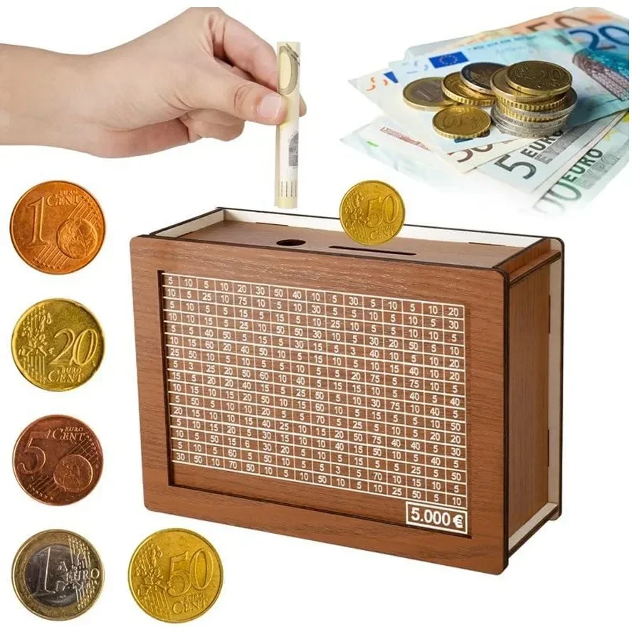 

1000/3000/5000/10000 Euro Money Box Wooden Piggy Bank with Reusable Money Box with Saving Goal and Numbers Boxes Cash Box