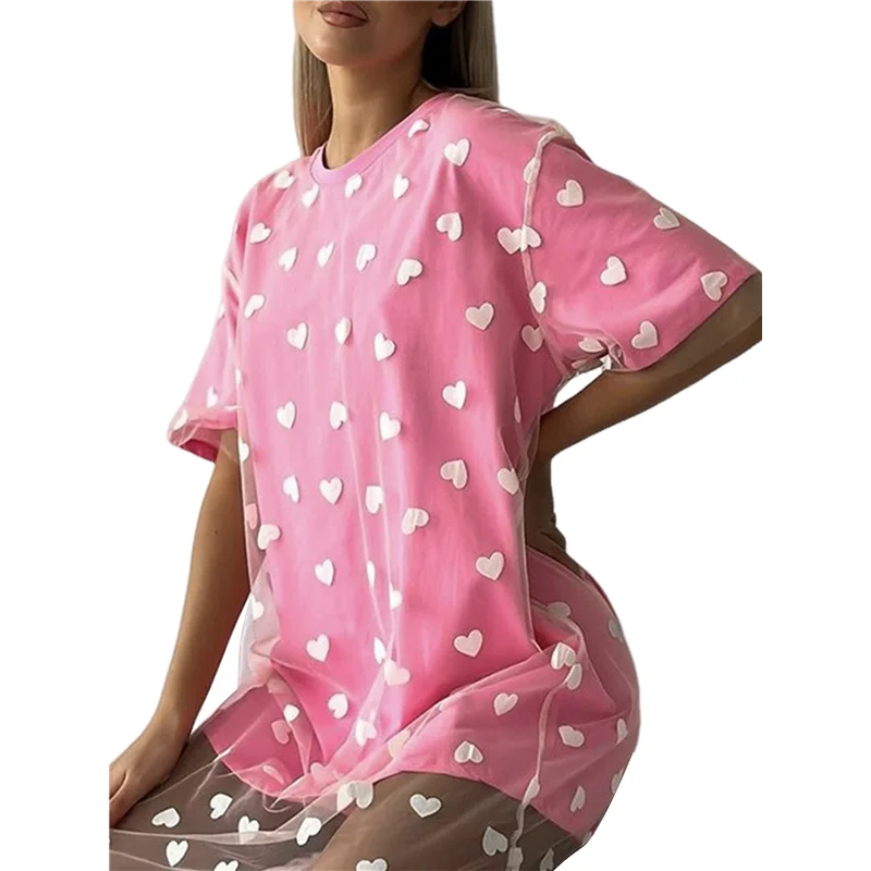 ASDS-Women Casual Round Neck Loose T-Shirt Spliced Mesh Love Print Long Maxi Vacation Dress