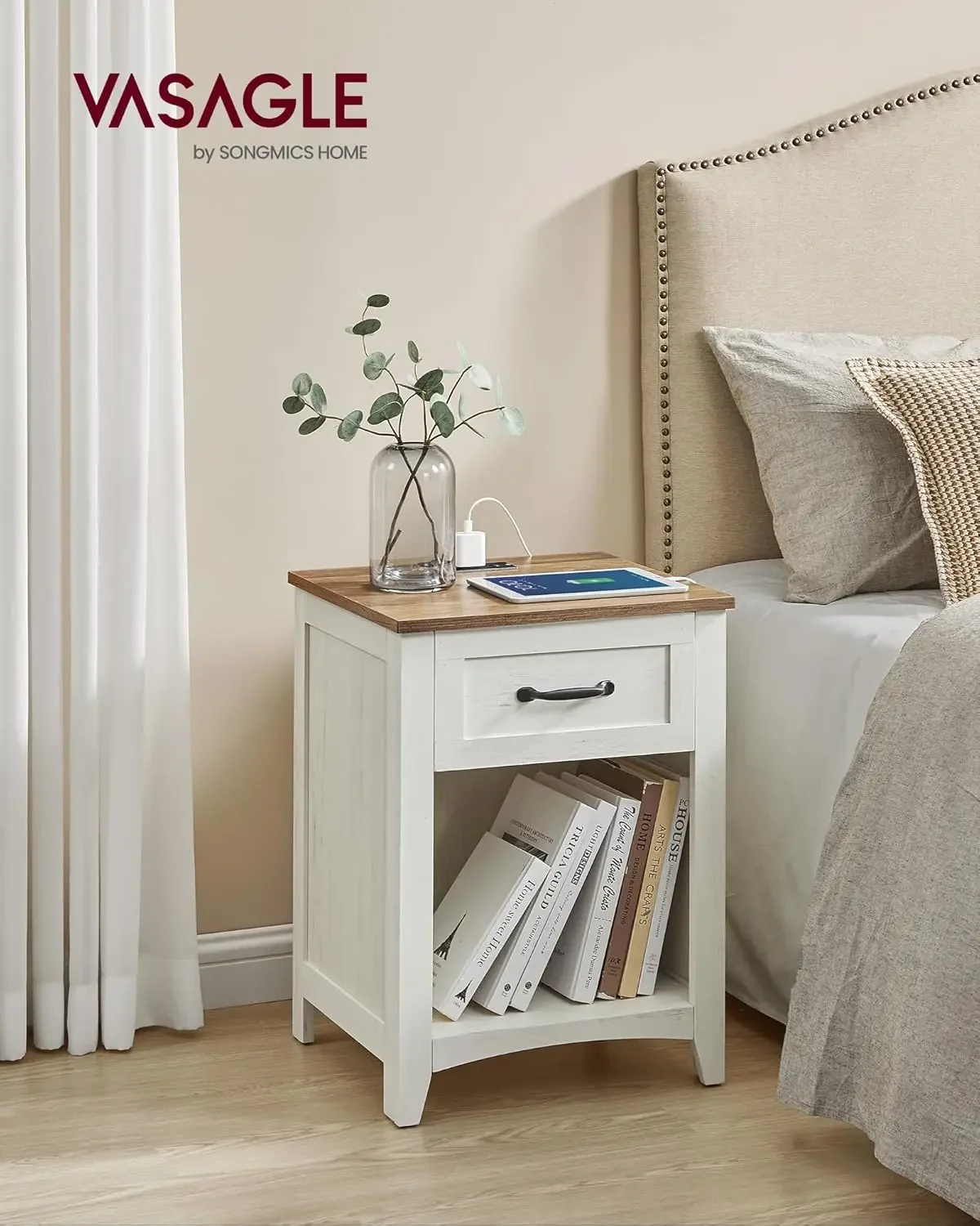LIRY Collection - Farmhouse Nightstands with Charging Station, Set of 2 Bedside Tables, Side Tables with Drawer, Open Compartmen