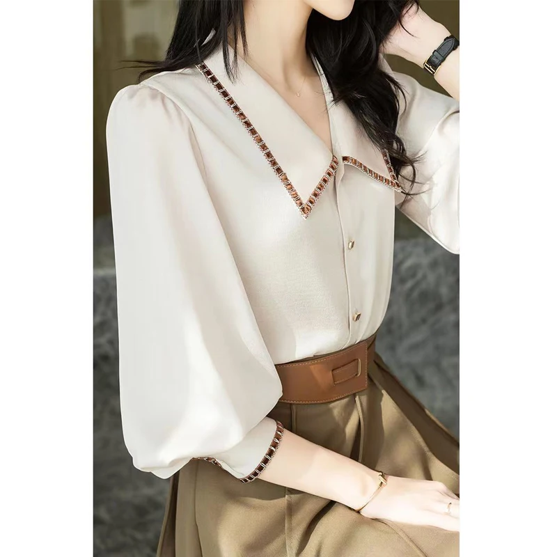 Women's Korean Fashion Elegant Button Up Shirt Autumn Office Lady Temperament Commute Blouse Solid Loose Long Sleeve Tops Blusas