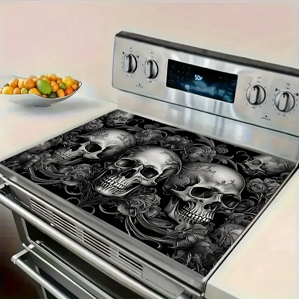 Image of Halloween Totenkopf Blumenmuster Hitzebeständige Matte Küchenarbeitsplatten-Schutz Herdabdeckung Gotische Feiertagsdekoration Tischunterlage