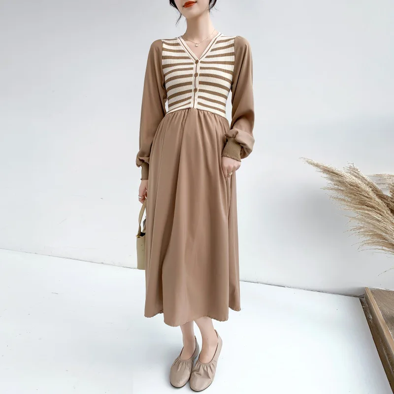 Pregnant woman stitching chiffon high-end air proton long sleeve stripe autumn knitting