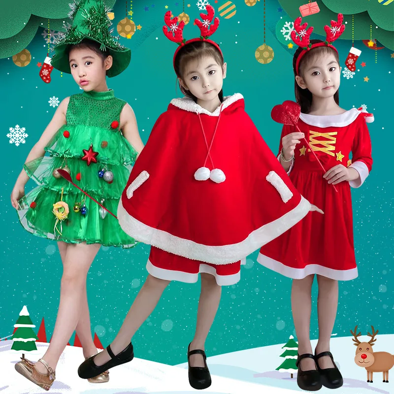 Disfraz de árbol de Navidad rojo y verde para niña, disfraz de elfo para actuación de guardería, traje de Papá Noel, conjunto de capa