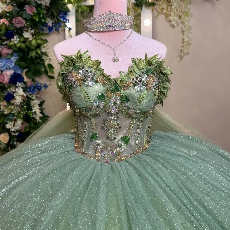 EVLAST-Vestido De quinceañera verde salvia brillante, Aplique De encaje, cuentas De cristal con capa, dulce 16, 15 años, TQD543