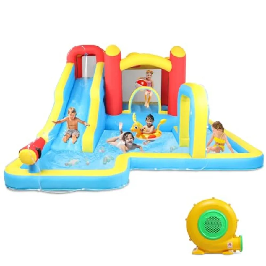 Inflatable Bounce House, Jumping Outdoor Air Castle Bouncer Double Water Slide with 750W Air-Blower (181" L x 143.7" W x 76.8" H