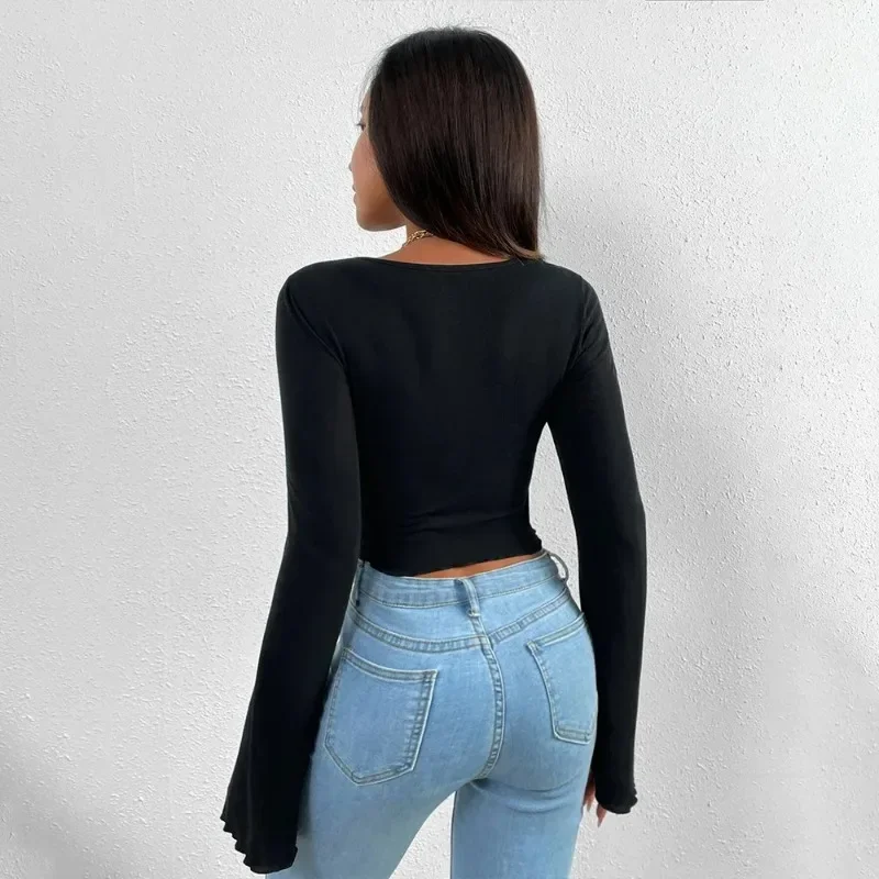 Knitted Irregular T Shirt Women Long Sleeve Solid Color V-neck Tight Sexy Slim Ladies Fashion Elegant 2023 Autumn New Y2k YSQ06