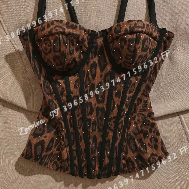 Wild Leopard Print Corset Crop Top Women Sleeveless Fishbone Bra Tank Tops Slim Fitted Shaper Vest Summer Hot Girl Style