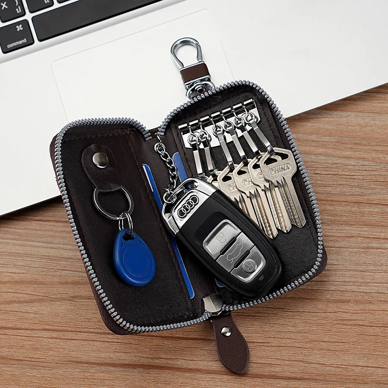 Simple retro zipper key bag Large capacity men's waist hanging leather women's card bag General Motors multi-function keychain