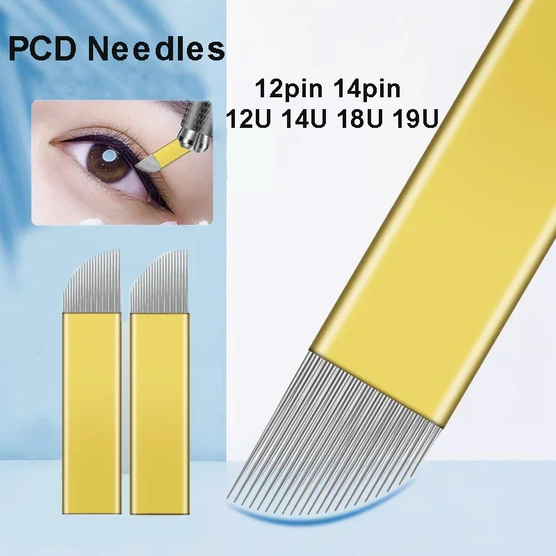 0.25mm 100Pcs 12/14/19 Pins Permanent Makeup Needles Eyebrow PCD Tattoo Blade Microblading Needle for 3D Embroidery Manual Pen