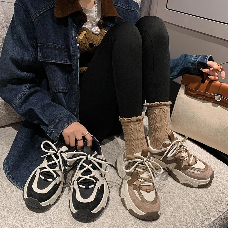 

Women Shoes Genuine Leather Platform Sneakers Thick High Heels Shoes Lace Up Ladies Footwear 2023 Spring Khaki Black 39