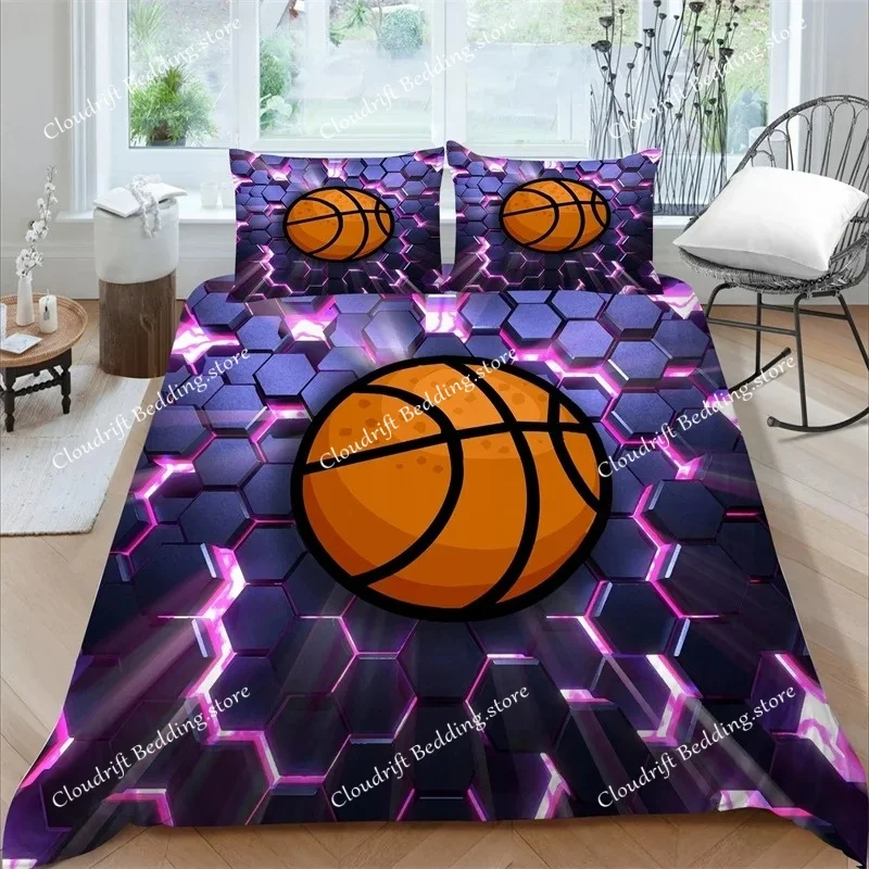 

3D Basketball King Queen Duvet Cover Sports Theme Bedding Set for Kids Teens Boys Ball Game Bedroom Decor Soft Comforter Cover