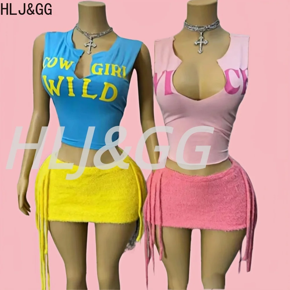 

HLJ&GG Colorful Dopamine Summer New Letter Print Two Piece Sets Women U Neck Sleeveless Slim Tank Top And Mini Skirts Outfits