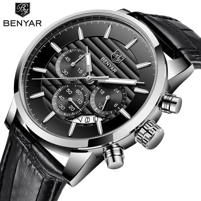 BENYAR BY-5104M 44MM Men Tachymeter Chronograph Watch Hardlex Crystal Silicone Strap Business Casual Quartz Wrist Watch