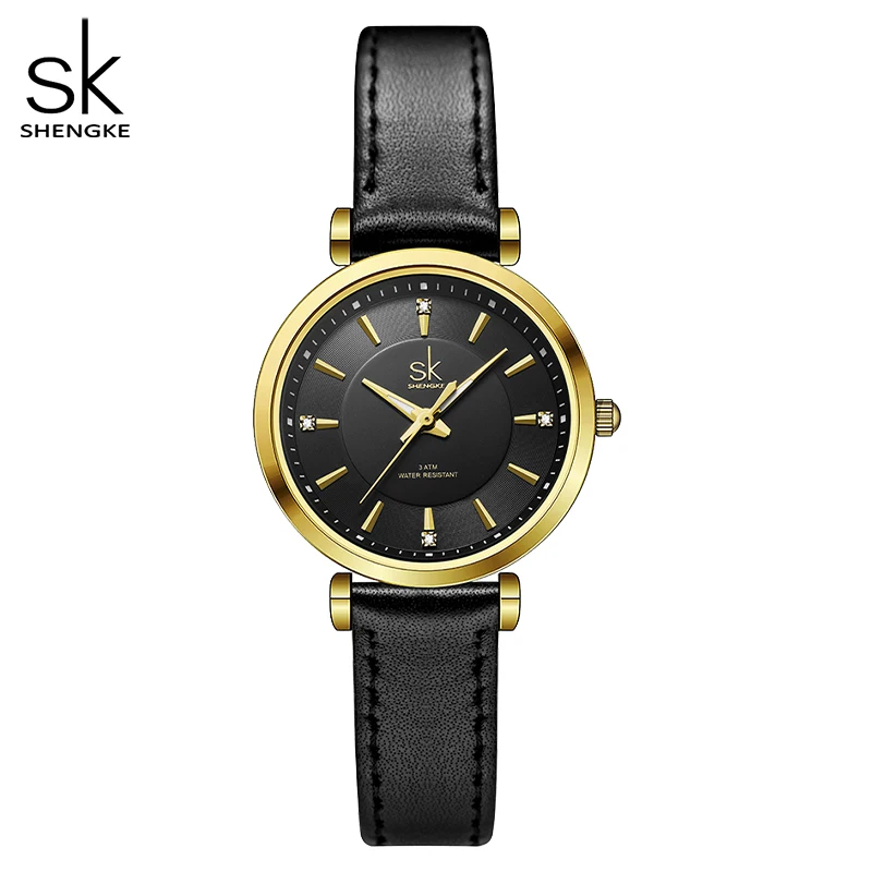 Shengke sk Watch Fashion Women Watches Black Leather Strap Woman\'s Quartz Wristwatches Ladies Colorful Clock Relogio Feminino