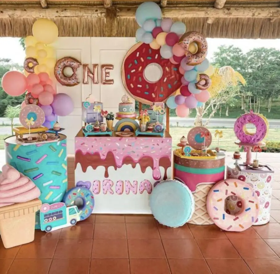 ชุดที่คลุมฐานตั้งธีมโดนัท icecream 5ชุด/ชุดสำหรับงานเลี้ยงวันเกิดผ้าคลุมโต๊ะแบบยืดหยุ่นสำหรับอุปกรณ์ประกอบฉากอาบน้ำเด็ก