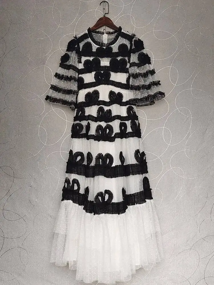QMQA Fashion Women\'s Color Block Dresses Lace Print Big Swing High Waist Flare Short Sleeve Elegant Dress 2025 Clothing 1A103