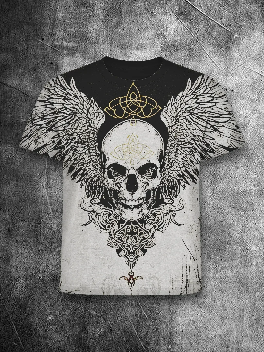 Round Neck Short Sleeved T-shirt with Skull Wings and Celtic Knot Print, Retro Gothic Design