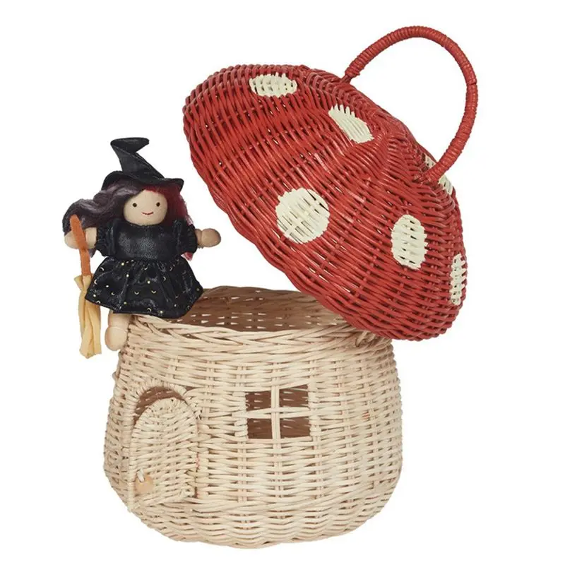 New Handmade Rattan Mushroom-Shaped Storage Basket- Cute Handmade Handcrafted Gift Decoration Artwork Rattan, Red