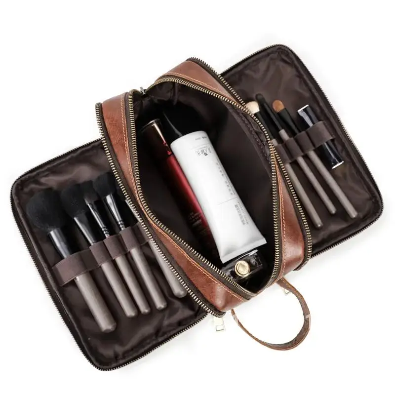 Neceser de piel de vaca para hombre, bolsa de cosméticos de cuero para hombre y mujer, bolsas de almacenamiento, bolso de cuero genuino para maquillaje, Kit Dopp para hombre