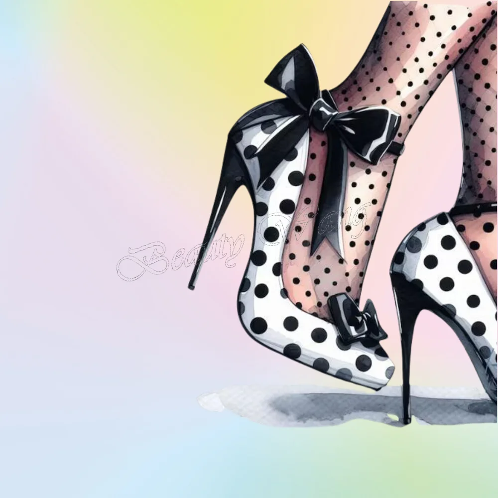 Black White Peep Toe Pumps Bow Knot Polka Dots Shoes Stilettos Heel High Heel Shoes for Women Shoes 2025 Zapatos Para Mujere