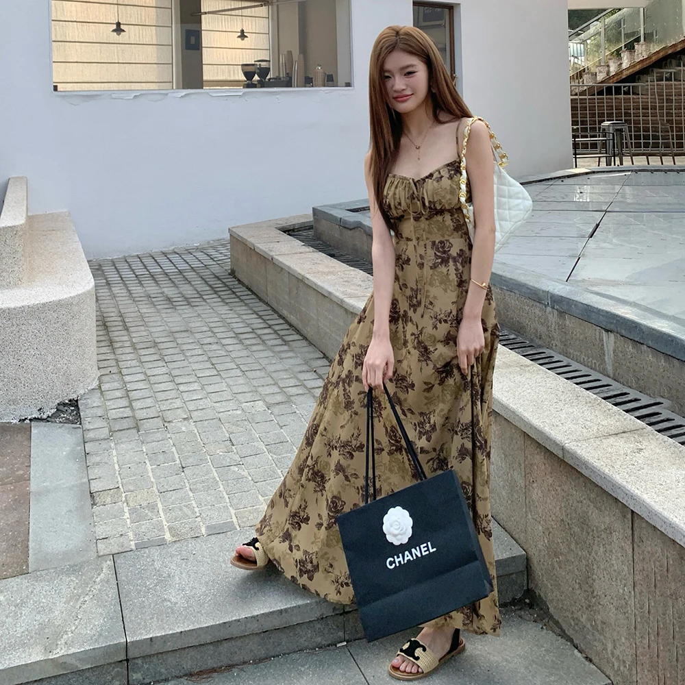 

2025 Spring Summer New Retro Printing Suspender Women's Long Dress Boho Beach Party