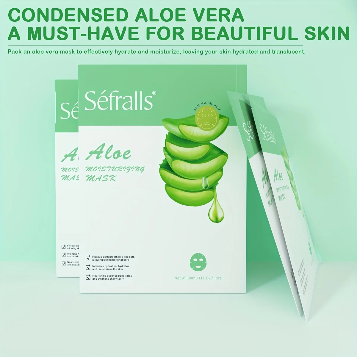 Séfralls Aloe Máscara Facial Hidratante 30ml * 10pcs Suave, Hidratante, Refrescante, Controle de Óleo, Brilho da Pele, Melhorando