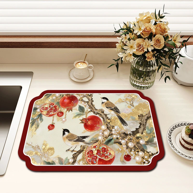 VIKAMA Kitchen Drain Mat Chinese Flower Bird Persimmon Brown Vintage Kitchen Counter Mat Highly Absorbent Fast Drying Anti Skid