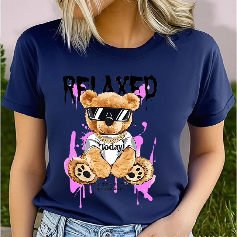 

Cotton 100% Couple Teddy bear Printed Mother's Day T-shirt MAMA European American Fashion Top Aesthetic Women Summer