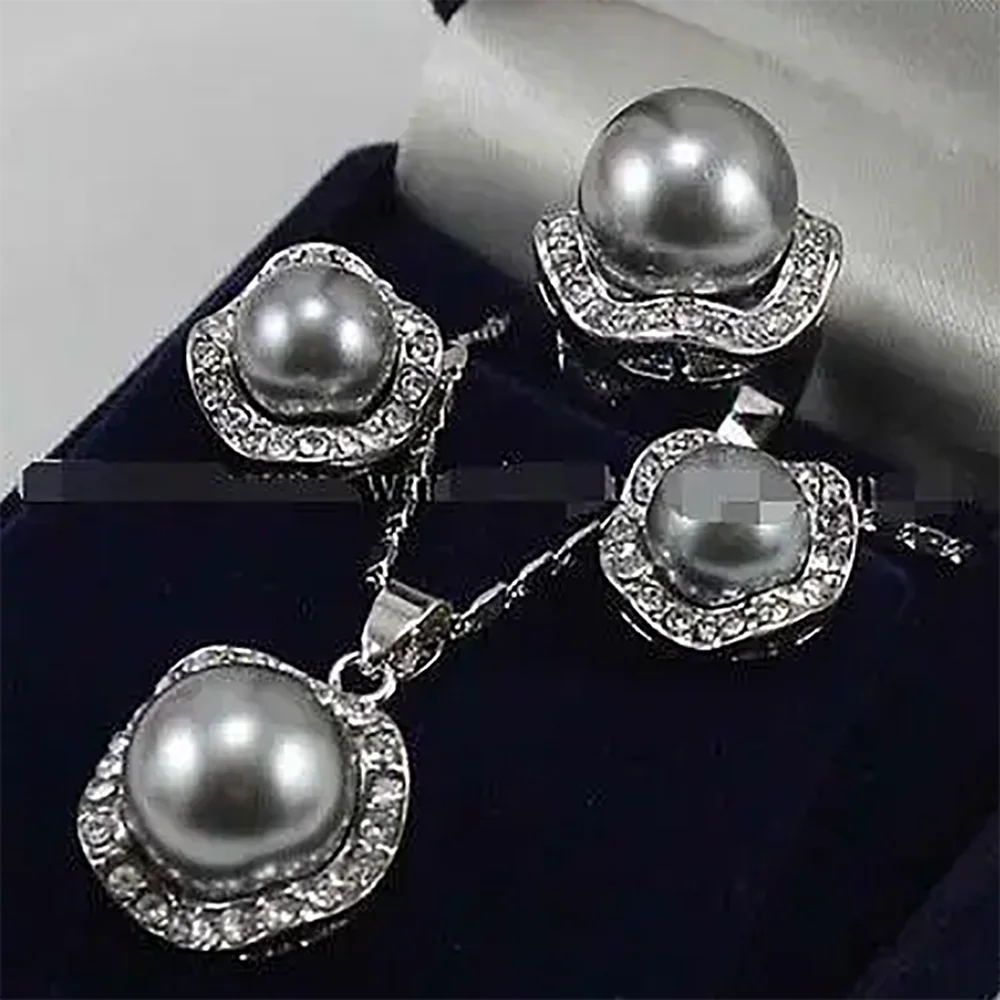 

HOT sell new Style Silver Gray Shell Pearl Earrings / Ring / Necklace Pendant Set