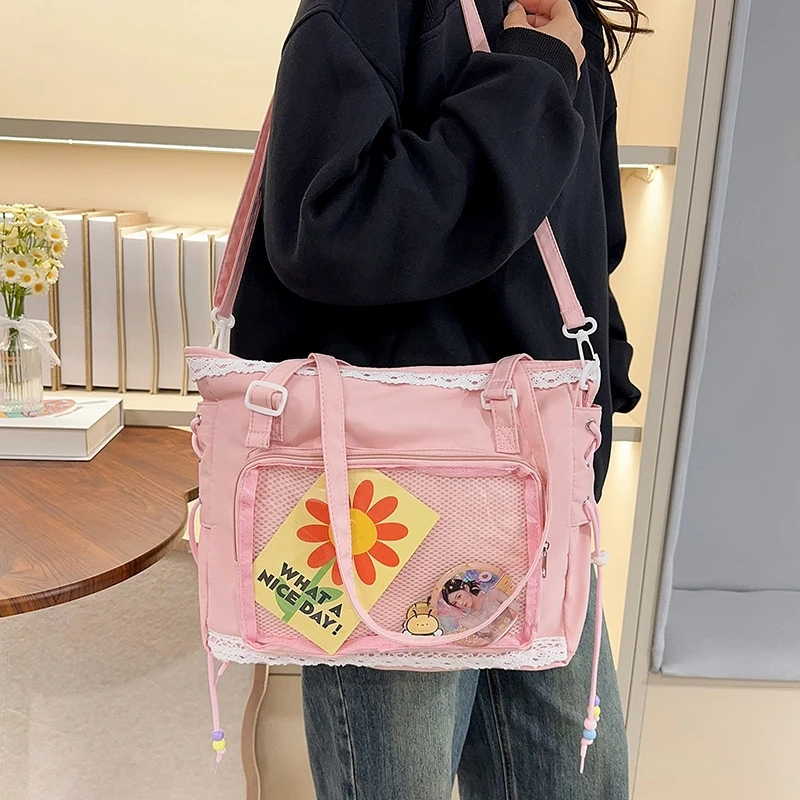 Lace Trim Girl Large Capacity Itabag Japanese Style Shoulder Crossbody Bag Women Student Handbag Casual Messenger Bag Totes