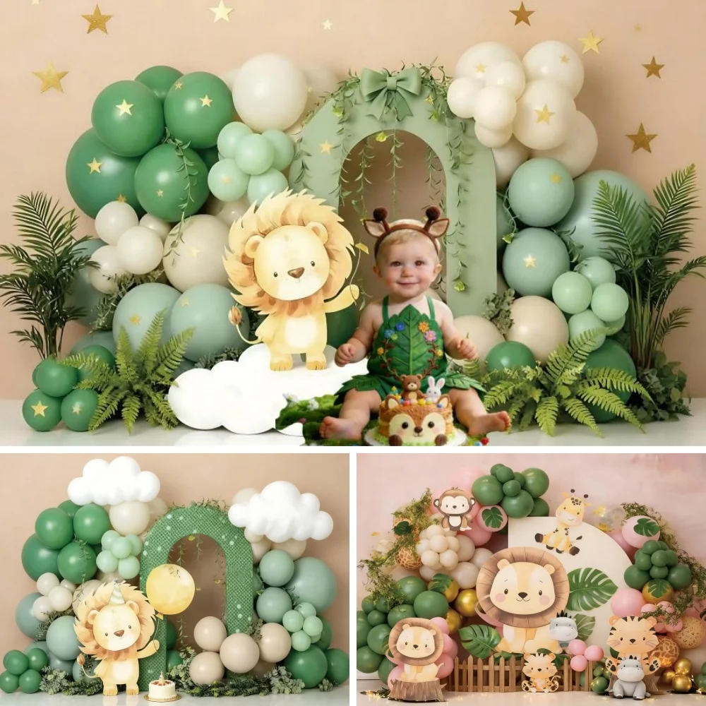 

Jungle Animal Kids 1st Birthday Photography Backdrop Green Balloon Arch Baby Shower Celebration Portrait Background Studio Props