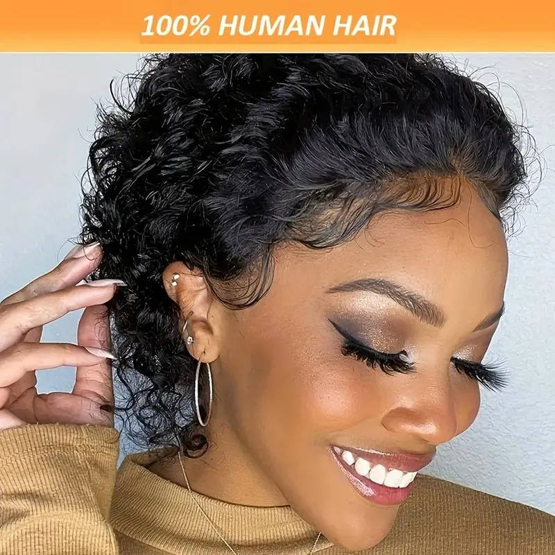 Peruca Curta Pixie Bob Curly de Cabelo Humano para Mulheres, Perucas Frontais de Renda, Preto, Cor Natural, 13x1