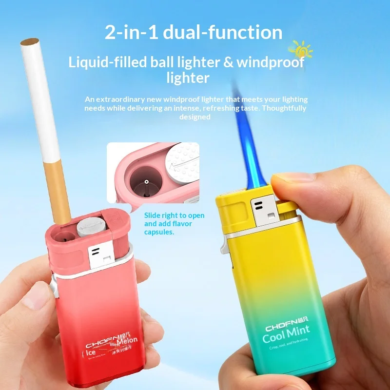 Popular Burst Bead Liquid Pearl Liquid Lighter 2-in-1 Multi Flavor Bead Liquid Proof Windproof Butane Gas Circulation Lighter