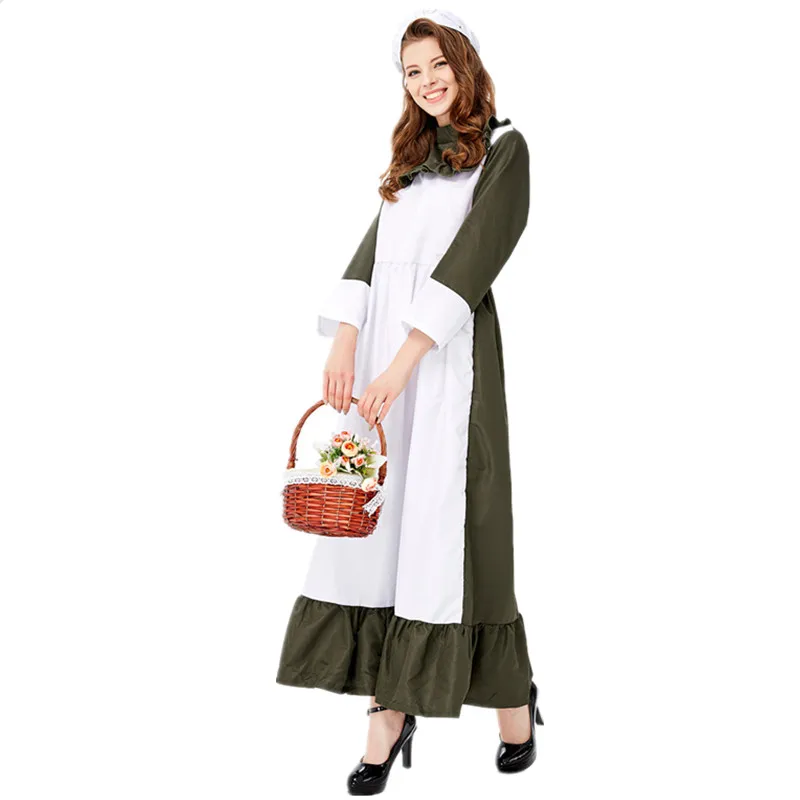 

European and American Dark Green Farm Maid Costume Women Halloween Chef Cosplay Uniform Oktoberfest Waiter Fancy Dress