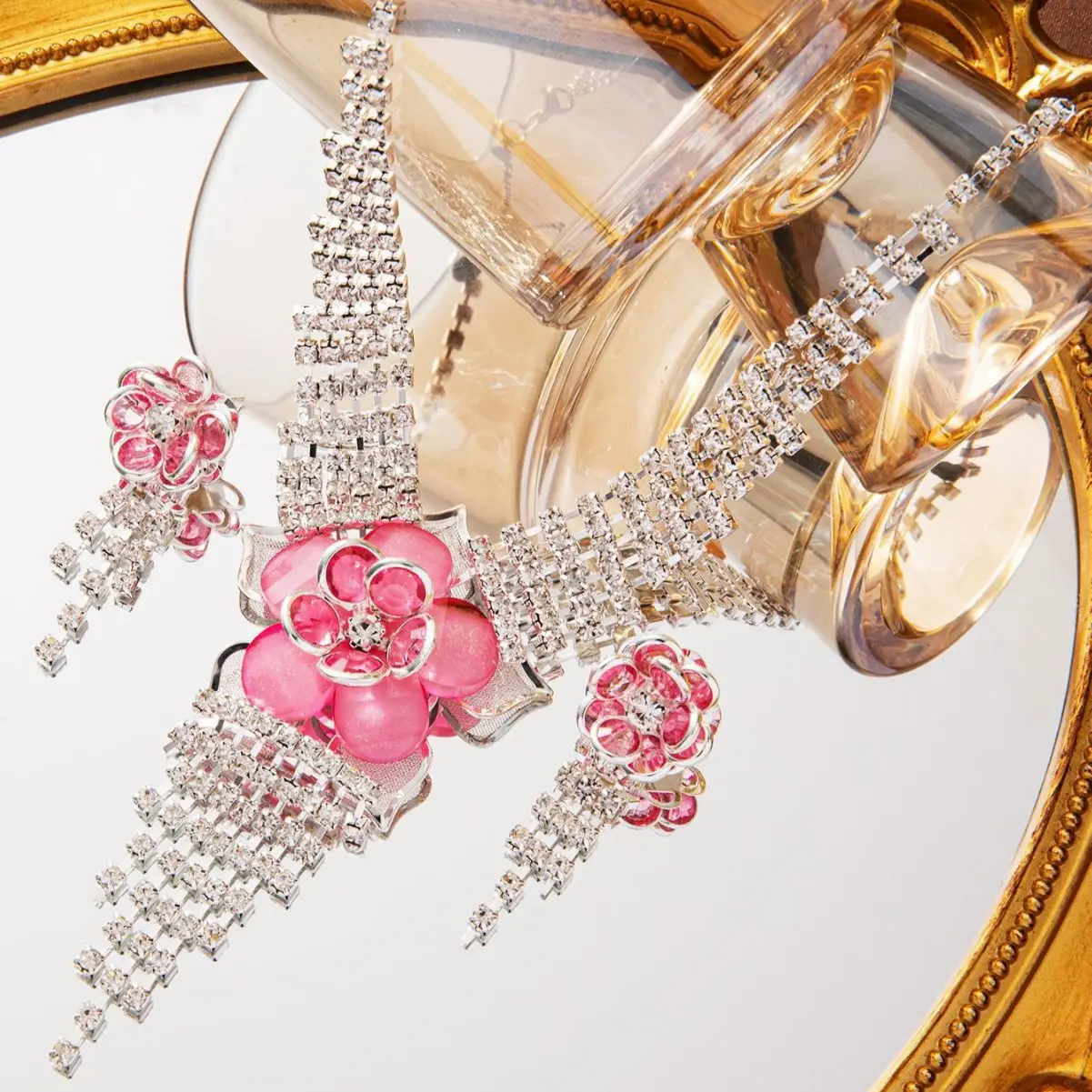 Jewelry Set Women's 2023 Super Flash Crystal Flower Tassel Earrings Necklace Set Chain Dress Accessories