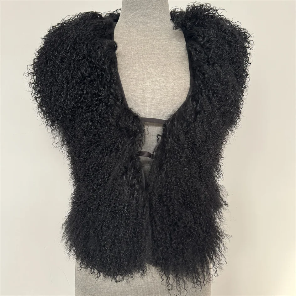 Fluffy Luxury Real Mongolian Fur Halter Vests Sexy Big Back Hair Collar Halter Top Deep V-Neck Backless