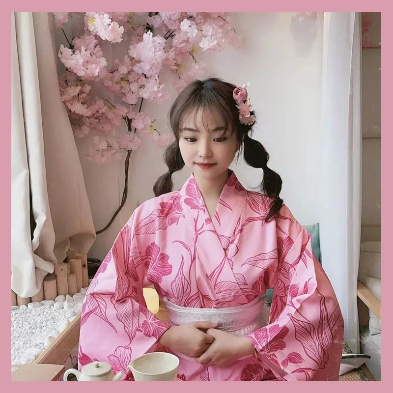 Japanese Kimono for Women Pink Sakura Print Yukata Cosplay Costumes Party Performance Halloween Clothing Photoshooting Trip