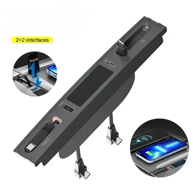 Stasiun Dok untuk Aksesori Tesla Model 3 Y Pengisi Daya Cepat 27W Hub USB Ekstensi Konsol Tengah Sensor Pintar 2021-2023