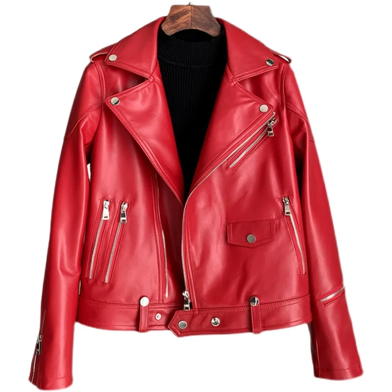 سترة جلدية أصلية لخريف وشتاء 2025 بقصة ضيقة من جلد الغنم وسحاب للدراجات النارية معطف لسائقي الدراجات النارية ملابس خارجية بياقة مقلوبة #5