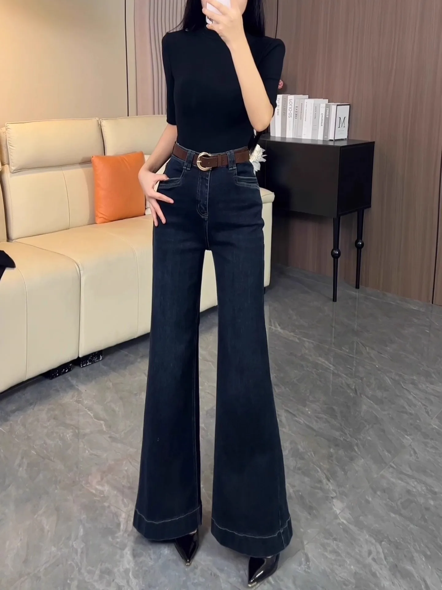 

Deep Blue High Waist Wide Leg Bell Bot Jeans Women's Sle Retro Loose Fit Casual High Waist Bell Pants Autumn New Arrival